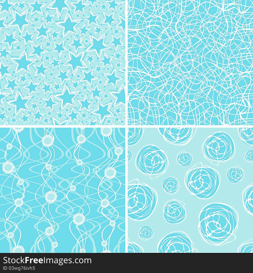 A set of four seamless winter patterns in blue and white. A set of four seamless winter patterns in blue and white.