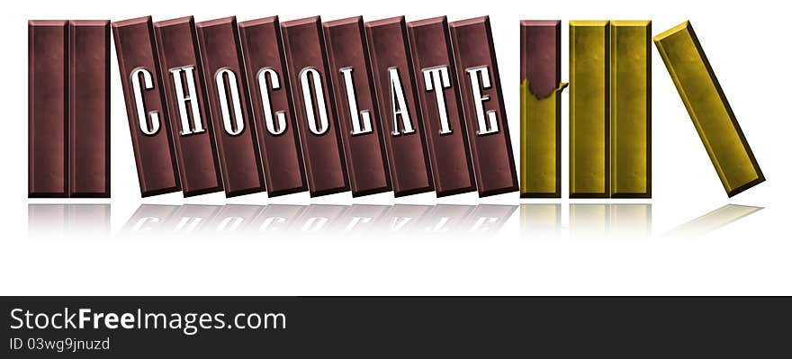 Illustration of chocolate bars with word 'chocolate' wrapping it by gold paper. Isolate on white background. Illustration of chocolate bars with word 'chocolate' wrapping it by gold paper. Isolate on white background.