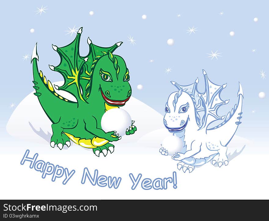 Card Happy New Year with Dragons and snow.
Green and snow dragons playing snowball