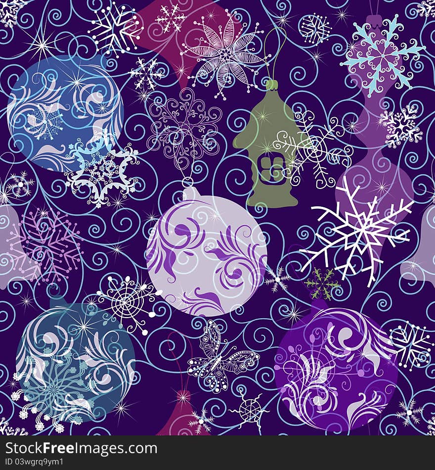 Dark violet seamless pattern with snowflakes, balls and translucent Christmas toys. Dark violet seamless pattern with snowflakes, balls and translucent Christmas toys