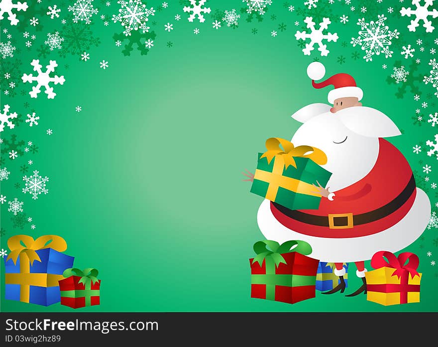 Cute Santa with Gifts on Green Background