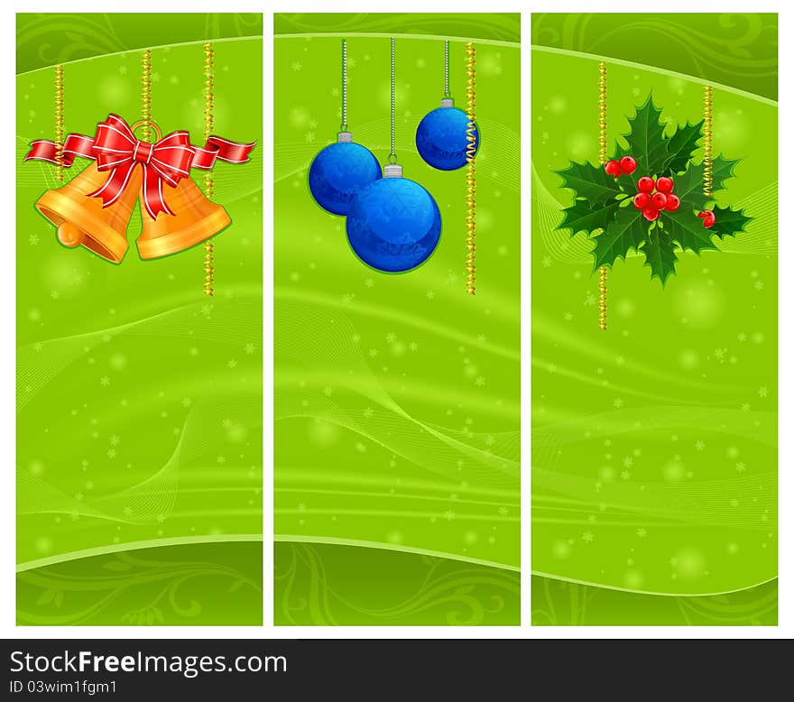 Christmas decoration with fir trees, bells, balls and berries on green, vector illustration