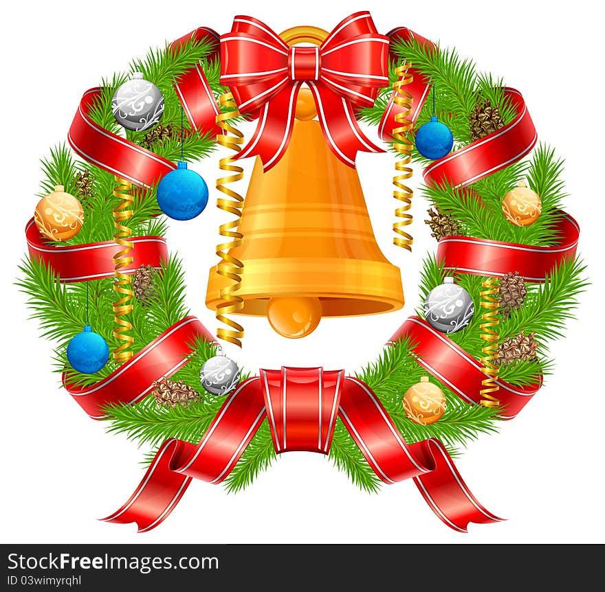 Christmas wreath of fir branch, ball and bell, vector illustration. Christmas wreath of fir branch, ball and bell, vector illustration