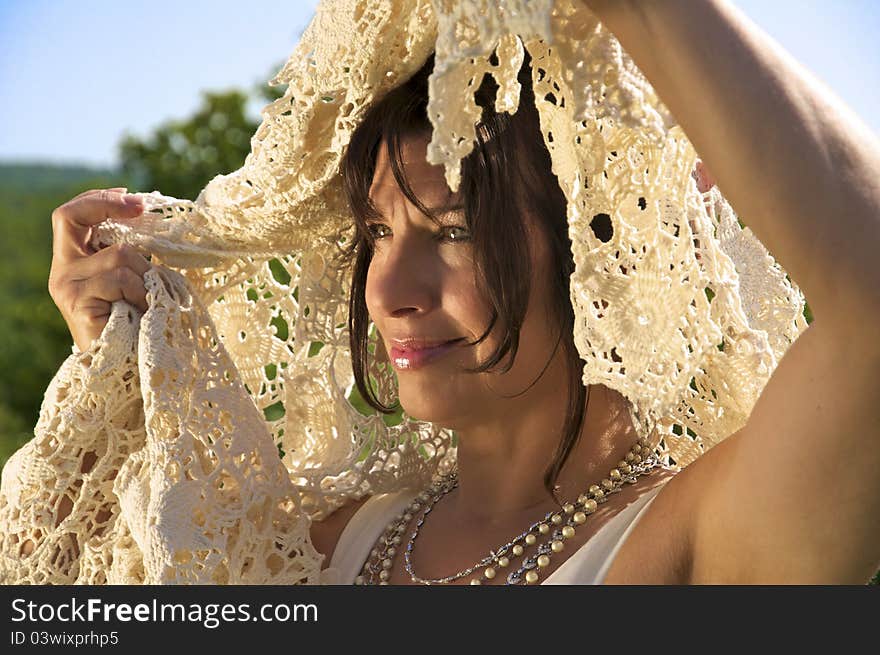 Beautiful Middle Aged Bride And golden evening sunlight. Beautiful Middle Aged Bride And golden evening sunlight.