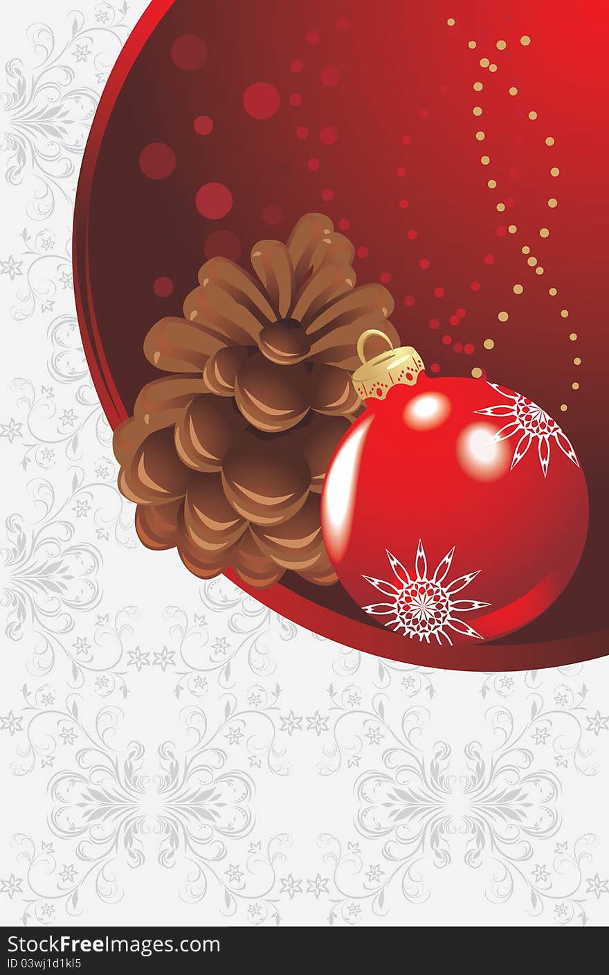 Red Christmas ball and pinecone on the decorative background. Illustration