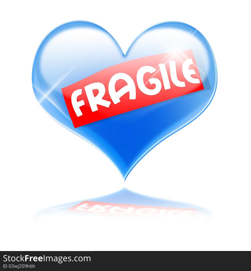 Blue glass heart with FRAGILE sticker on white bg. Blue glass heart with FRAGILE sticker on white bg