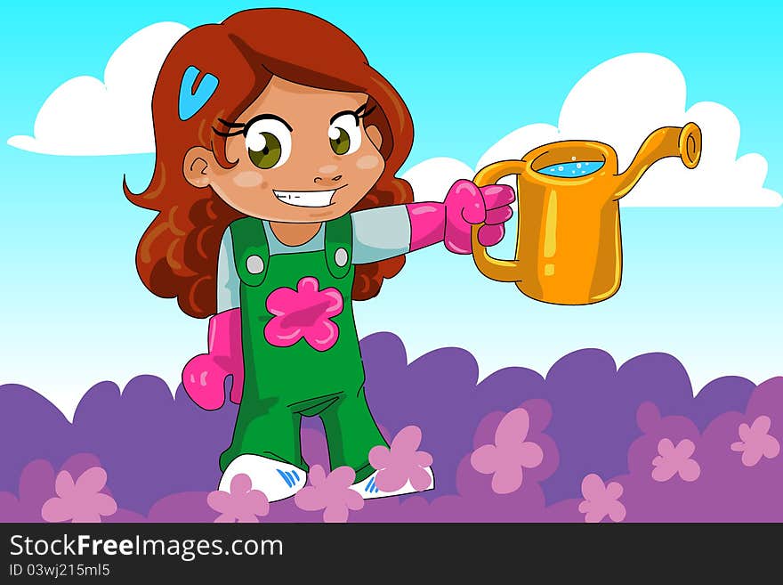 Cartoon girl that loves gardening. Cartoon girl that loves gardening