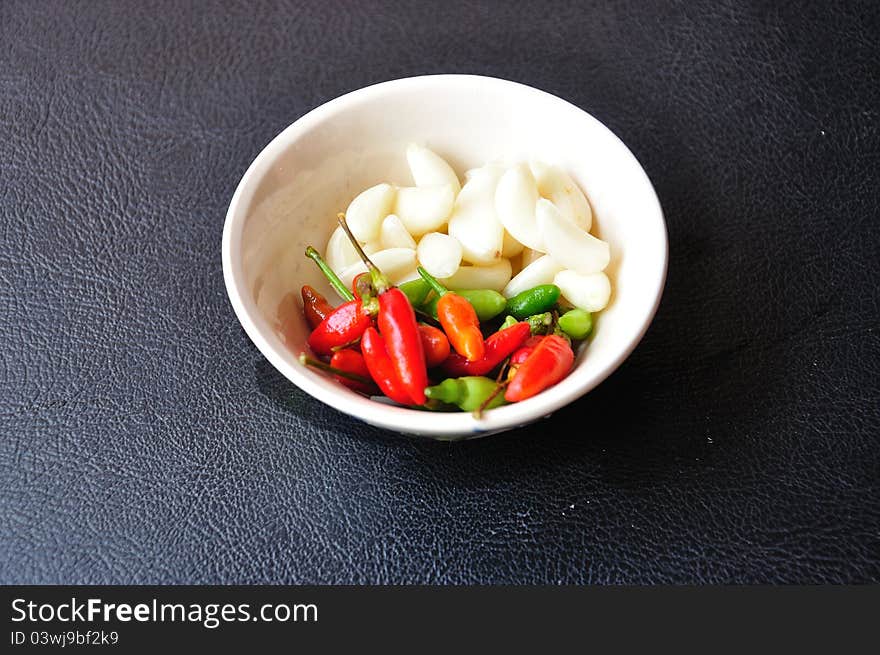 Closeup food ingredient, garlic and chlli