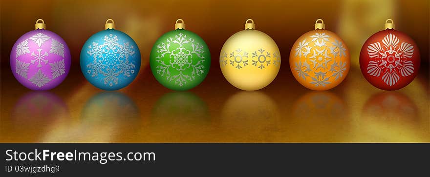 Six Christmas ornaments in the colors of the rainbow, sitting on a reflective gold surface. Six Christmas ornaments in the colors of the rainbow, sitting on a reflective gold surface