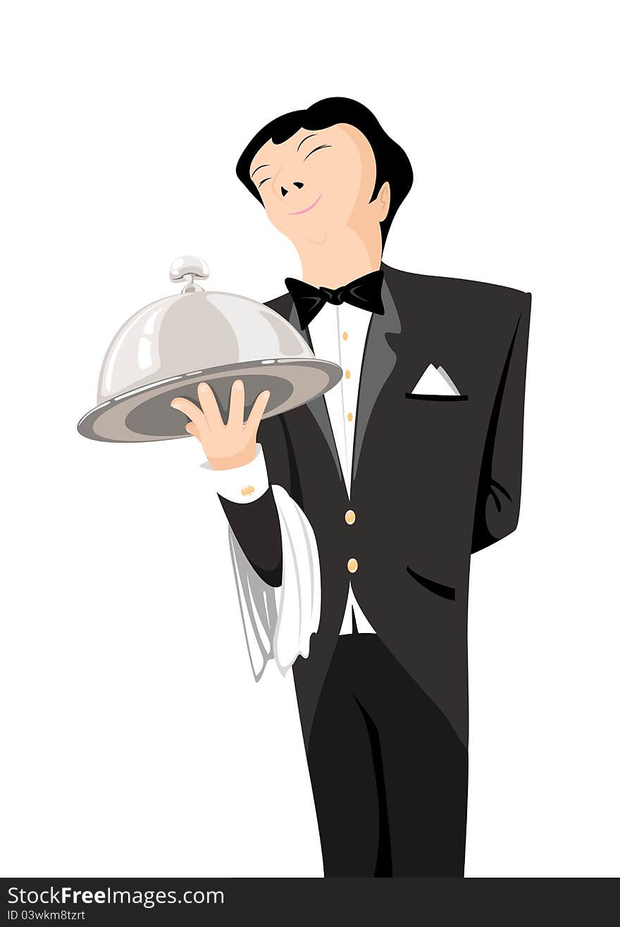 The waiter holds a tray with a lid. Illustration. The waiter holds a tray with a lid. Illustration