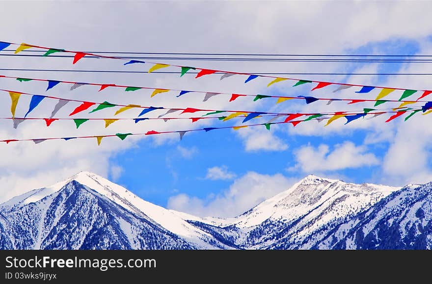 Snow mountains and flags