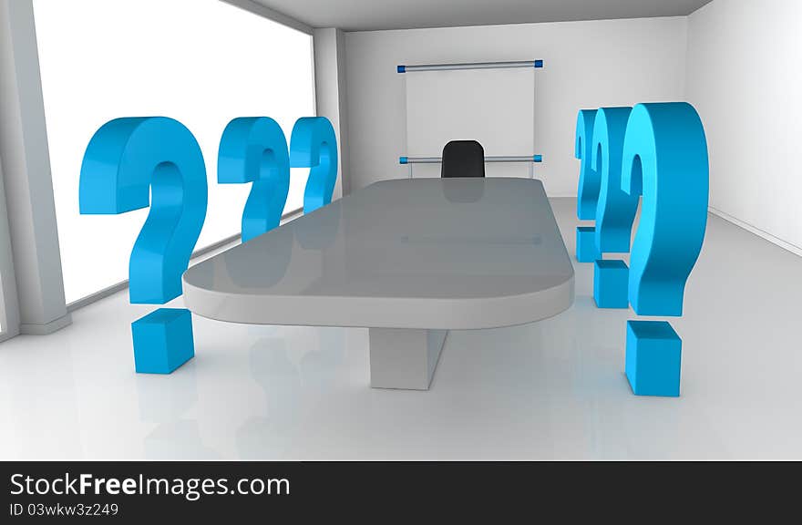 One office room with question marks, concept of new or unknown collaborators (3d render). One office room with question marks, concept of new or unknown collaborators (3d render)