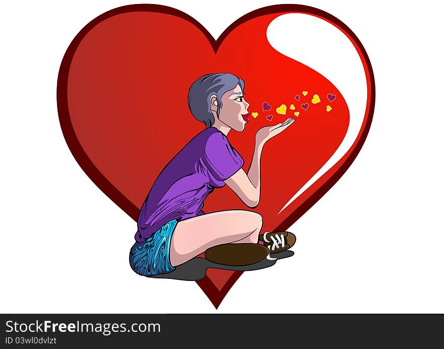 Lateral view of a girl blowing a kiss, with a heart on the background