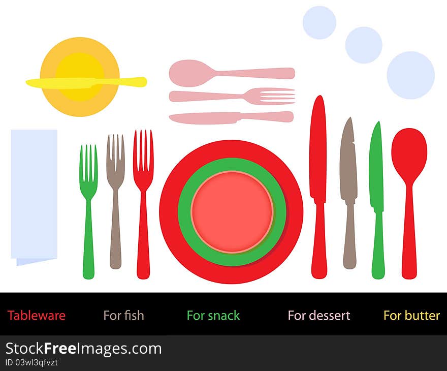 A formal place setting, as one might expect at a smart restaurant or dinner party.Simple forms, silhouettes. Table layout rules.