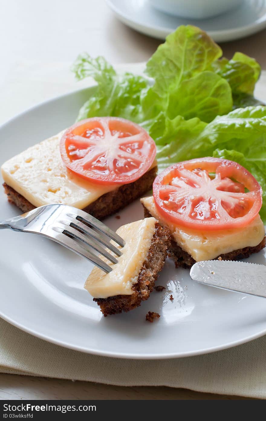 Grilled rye bread with cheese, tomatoes and salad leaves on white plate