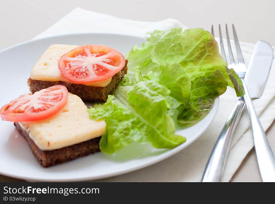 Grilled rye bread with cheese, tomatoes and salad leaves on white plate