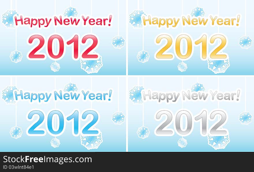 Vector Happy New Year 2012 text in glossy letters on snowflake background.