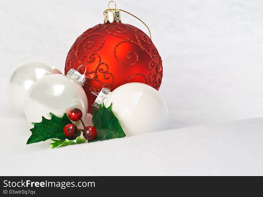 Christmas glass balls on white snow. Christmas glass balls on white snow