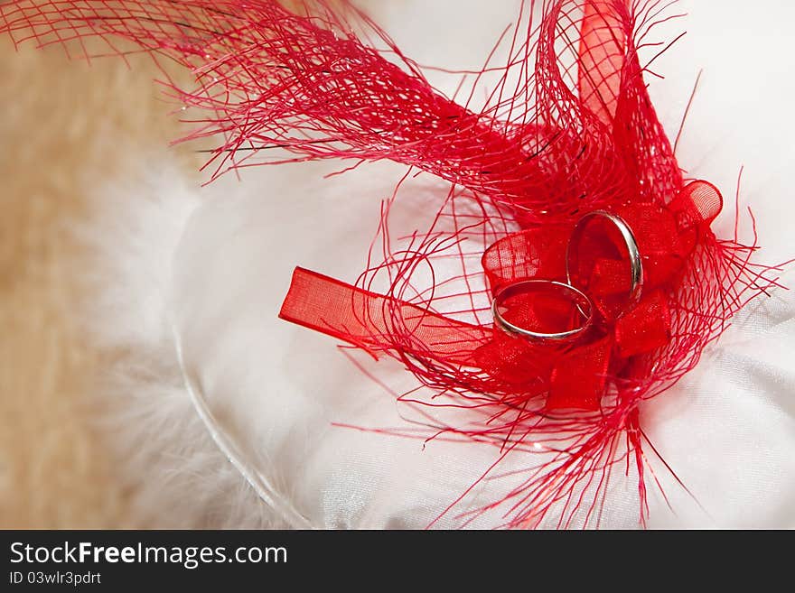 Cushion with wedding gold rings in red feathers. Cushion with wedding gold rings in red feathers