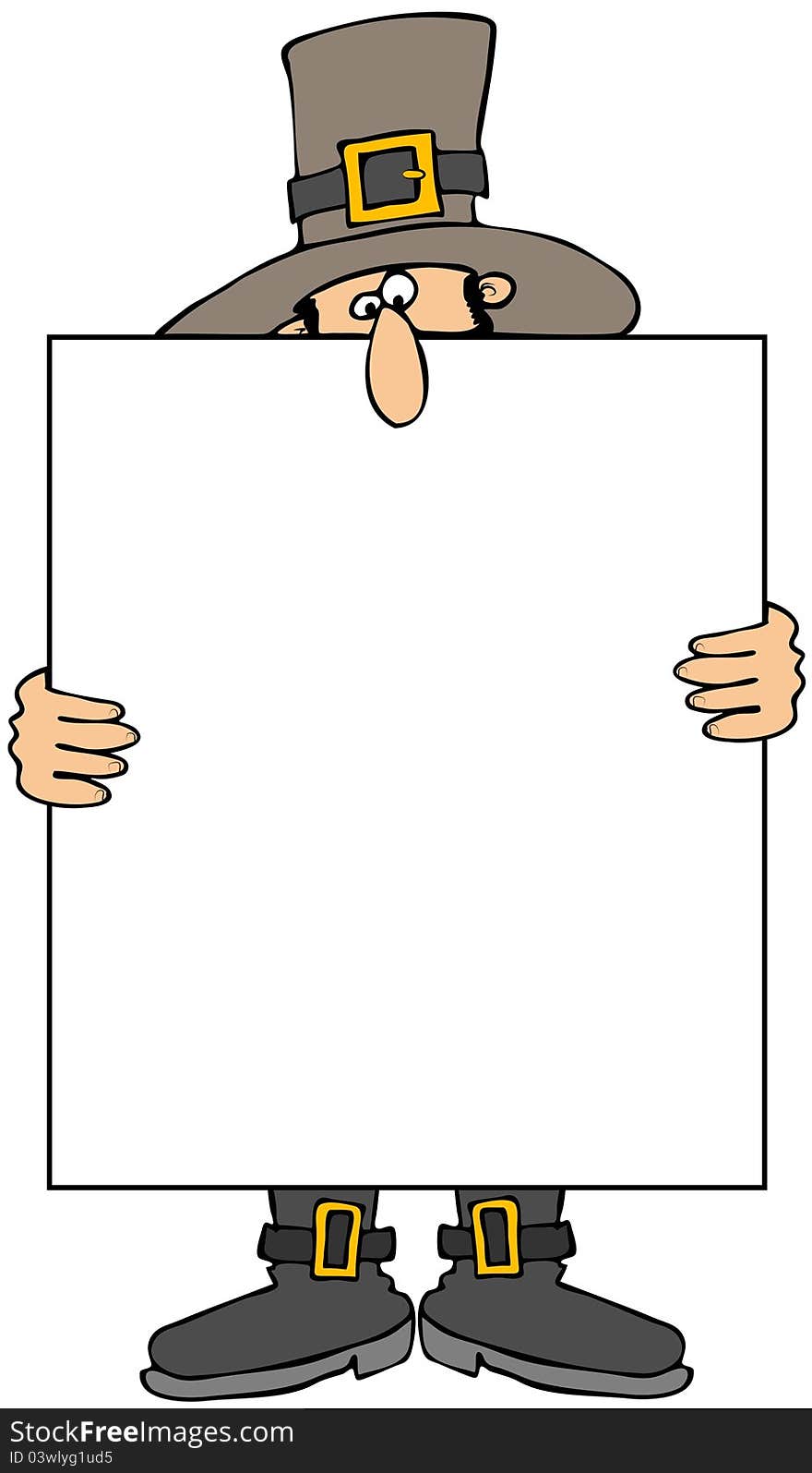 This illustration depicts a Pilgrim man holding a large blank sign. This illustration depicts a Pilgrim man holding a large blank sign.