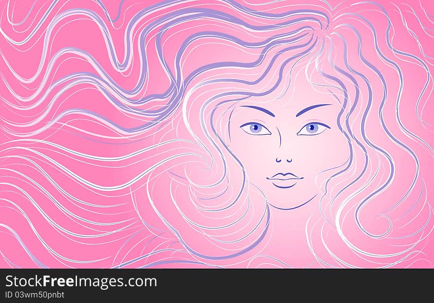 Woman with long hair, pink flowing lines, on a white background. Vector illustration