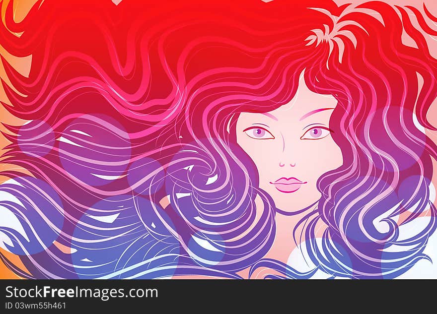 Woman with long hair, pink flowing lines, on a red background. Vector illustration. Woman with long hair, pink flowing lines, on a red background. Vector illustration