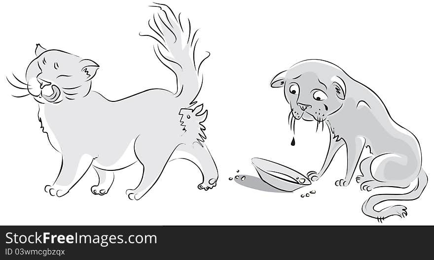 Sad cat looks at the empty plate, fat cat licked, on a white background. Vector illustration. Sad cat looks at the empty plate, fat cat licked, on a white background. Vector illustration