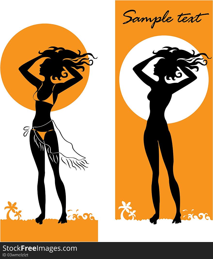 Tanned girl standing on the beach, with her hair, against the setting sun, vector illustration. Tanned girl standing on the beach, with her hair, against the setting sun, vector illustration