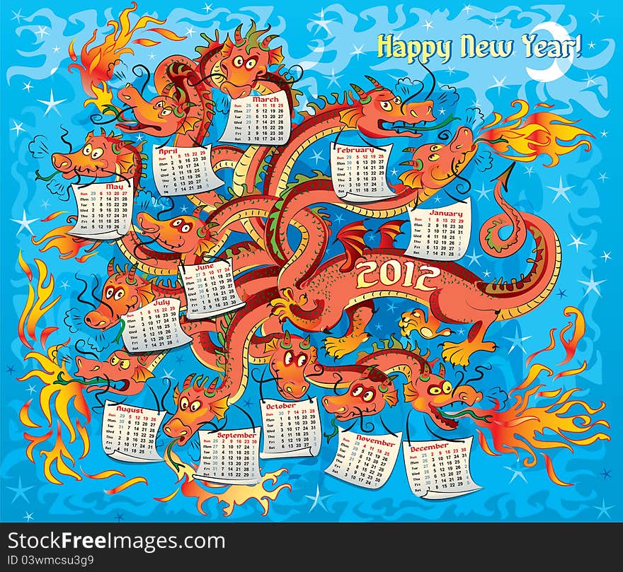 Dragon with twelve heads, year dragon, calendar 2012, vector illustration