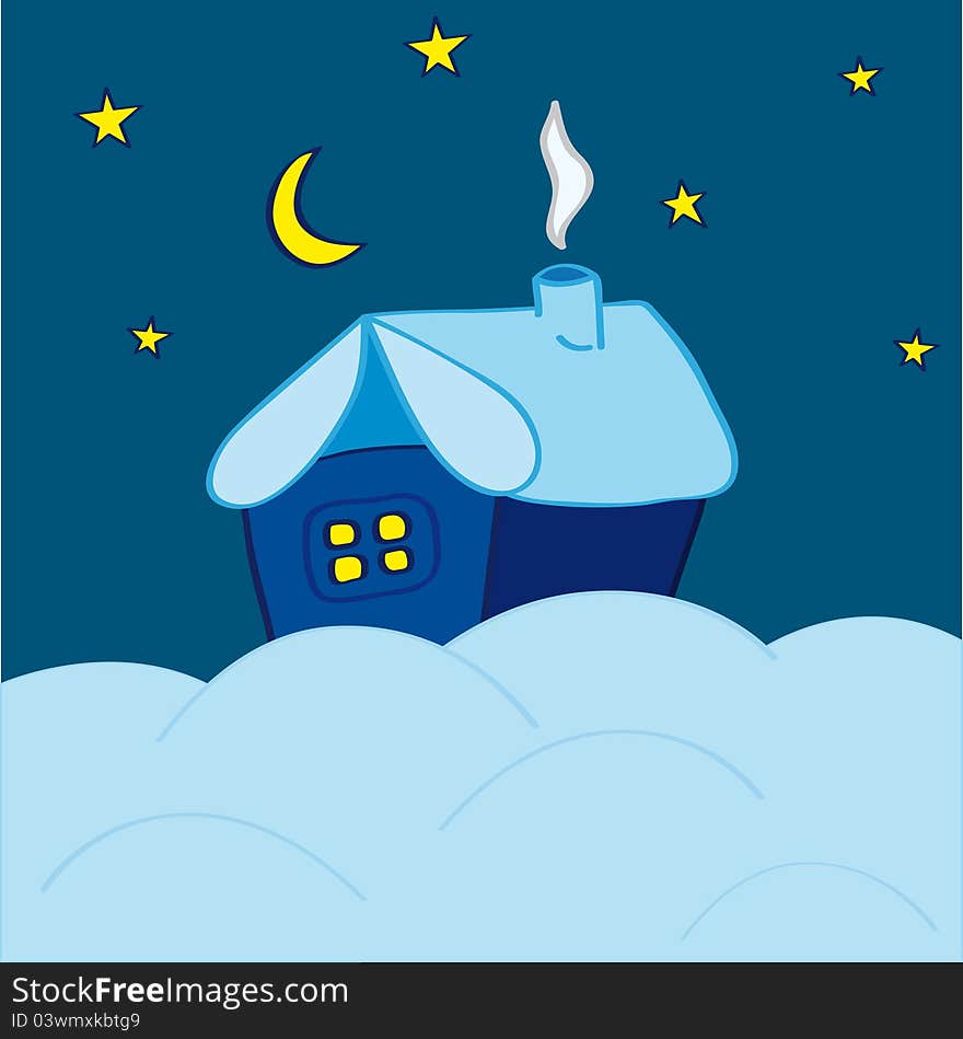 Cartoon hut in the night