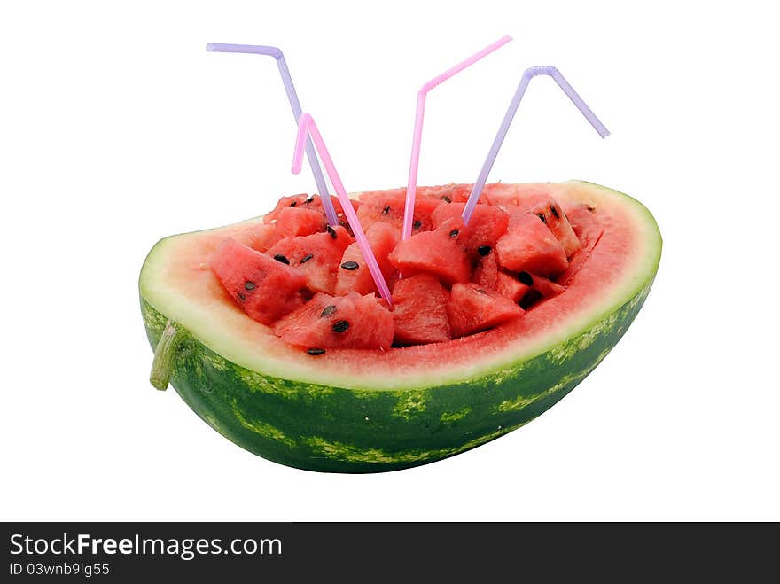 Water melon with straws isolated on white background