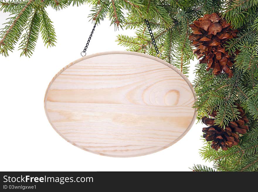 Wooden sign hanging from a spruce tree with cones