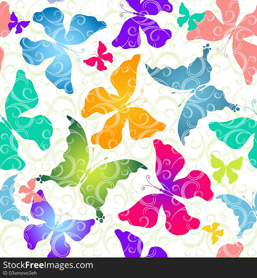 Seamless pattern of colorful butterflies against the background of scrollwork. Seamless pattern of colorful butterflies against the background of scrollwork