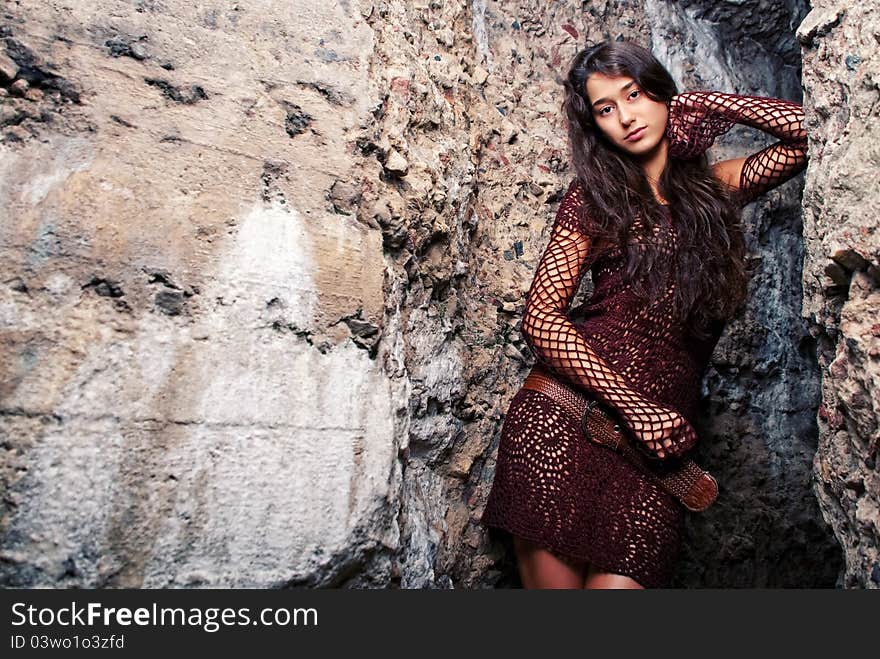 Happy Young Model Next To Concrete.