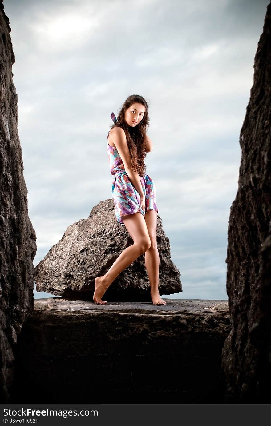 Happy Young Model Next To Concrete.