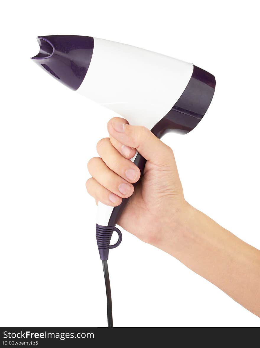 Compact hairdryer in hand isolated on the white background