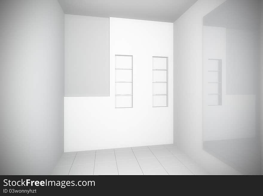 Empty bathroom interior with tile floor.