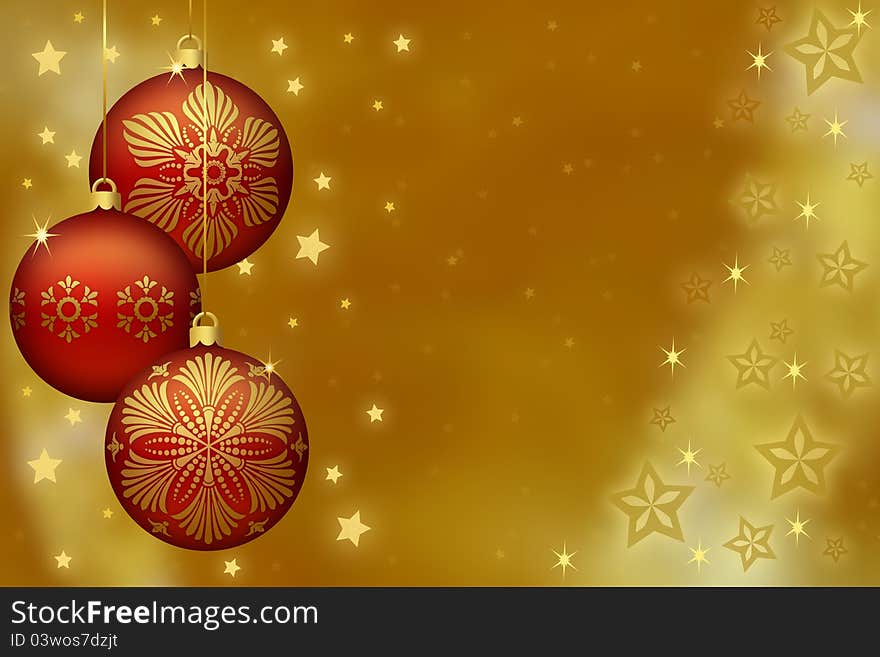 Gold patterned red christmas ornaments against gold background. Gold patterned red christmas ornaments against gold background