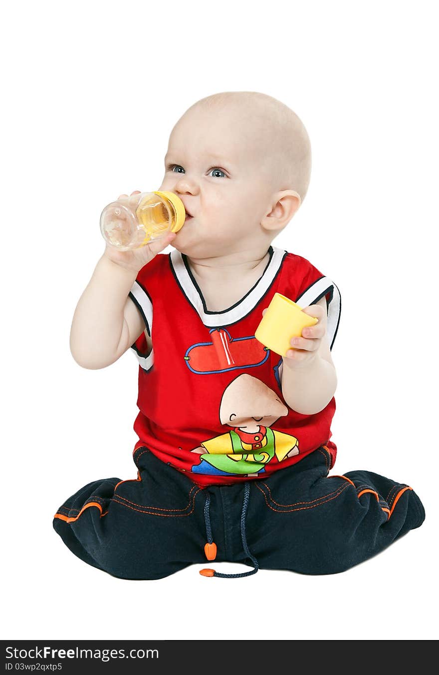 Little boy with a pacifier, bottle isolated on white background