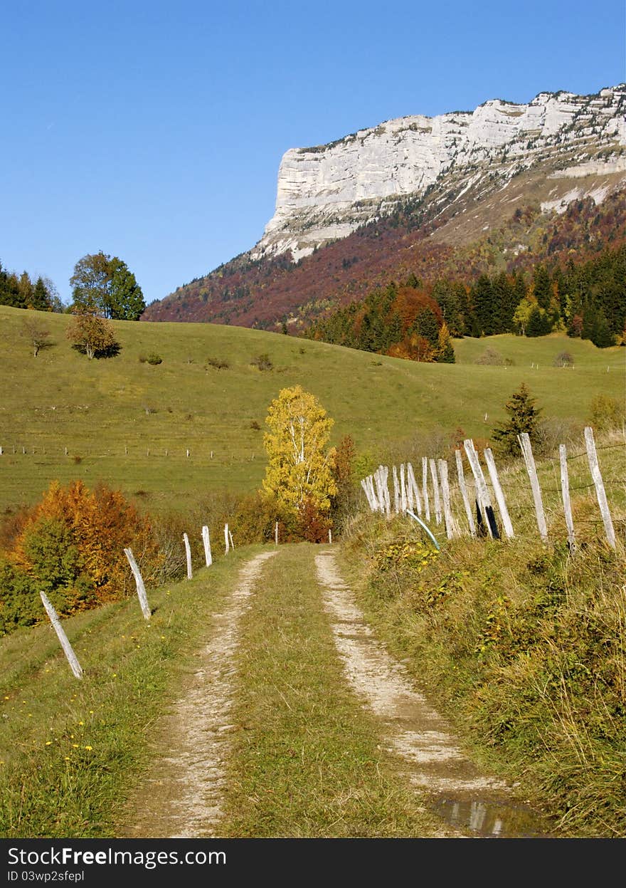 Photographed during Autumn from a hiking trail, Mont Granier forms the Northern part of the Chartreuse Mountains, France. Photographed during Autumn from a hiking trail, Mont Granier forms the Northern part of the Chartreuse Mountains, France