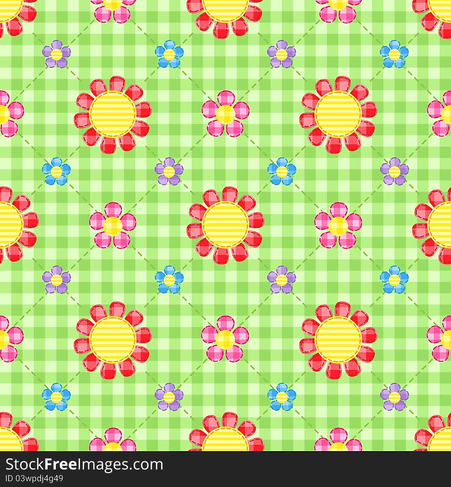 Stitch flowers on green gingham background. Seamless pattern. Stitch flowers on green gingham background. Seamless pattern.