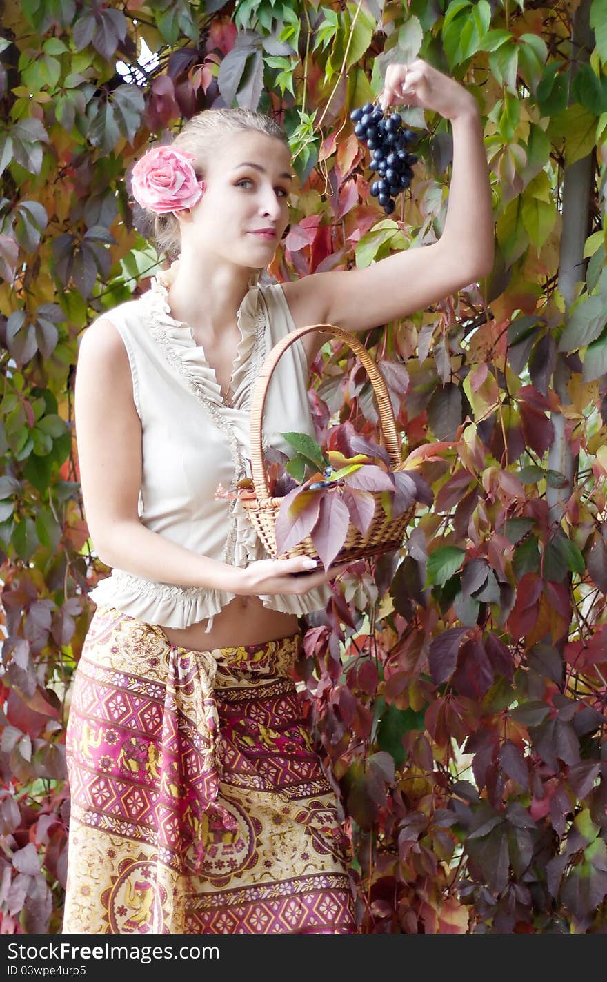 Beautiful girl in a long skirt with a basket of grapes outdoors shooting