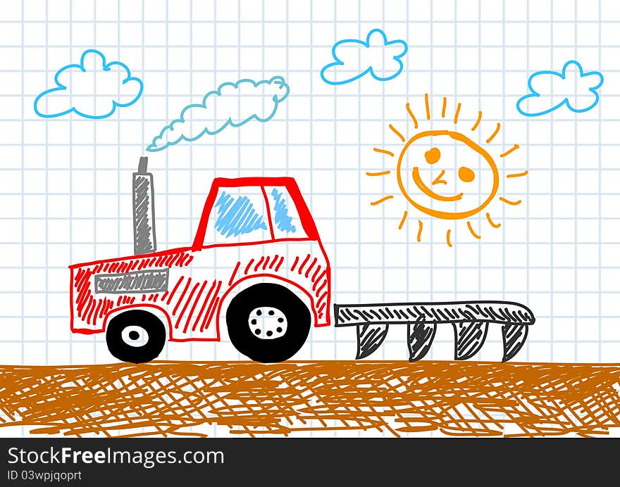 Drawing of red tractor on field. Drawing of red tractor on field