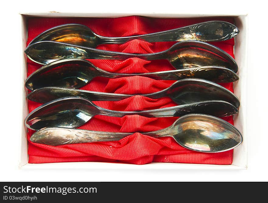 Old Group Of Teaspoons In Box