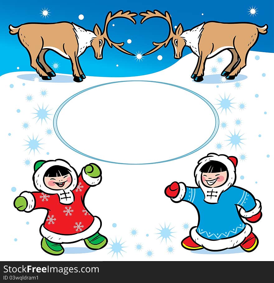 The picture shows children dressed in ethnic attire.They are having fun on the white snow.Near them are reindeer.Illustration done in cartoon style, on separate layers. The picture shows children dressed in ethnic attire.They are having fun on the white snow.Near them are reindeer.Illustration done in cartoon style, on separate layers.