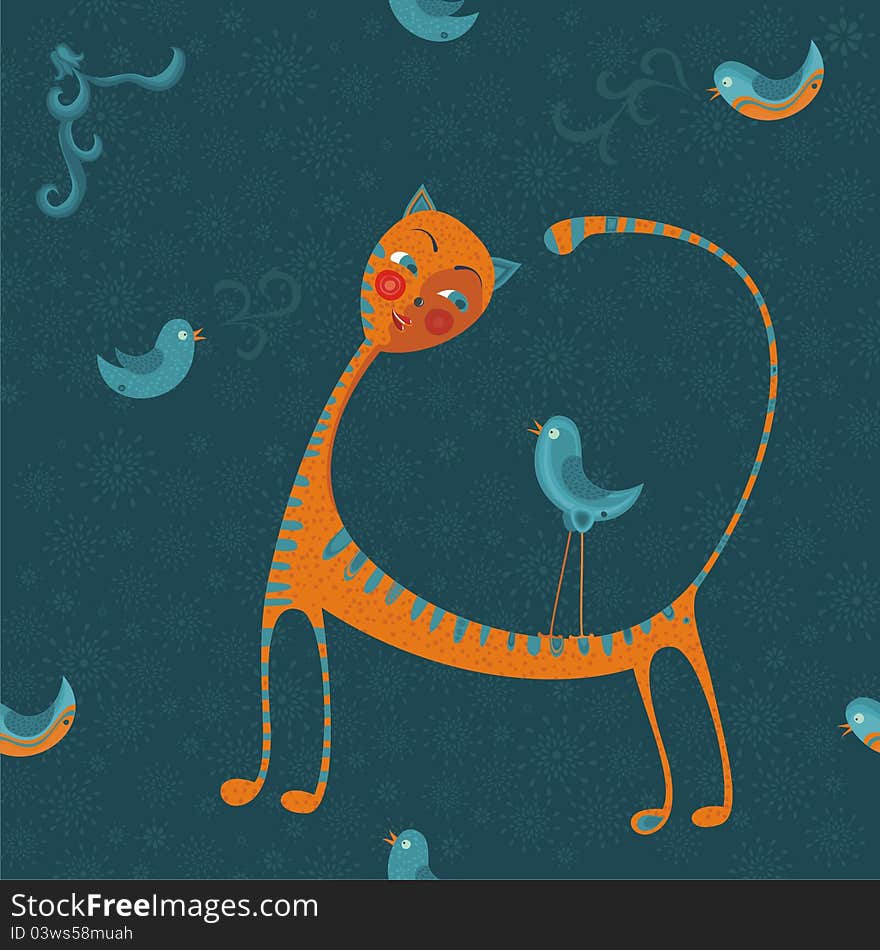 Cat with birds in vector