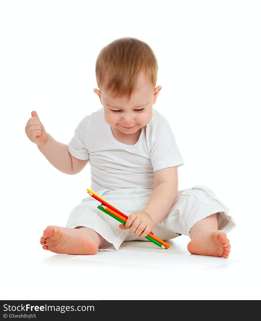 Funny Baby Boy Drawing With Color Pencils