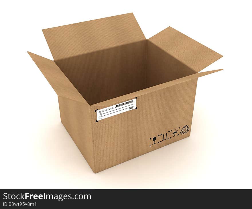 Opened cardboard box on white background