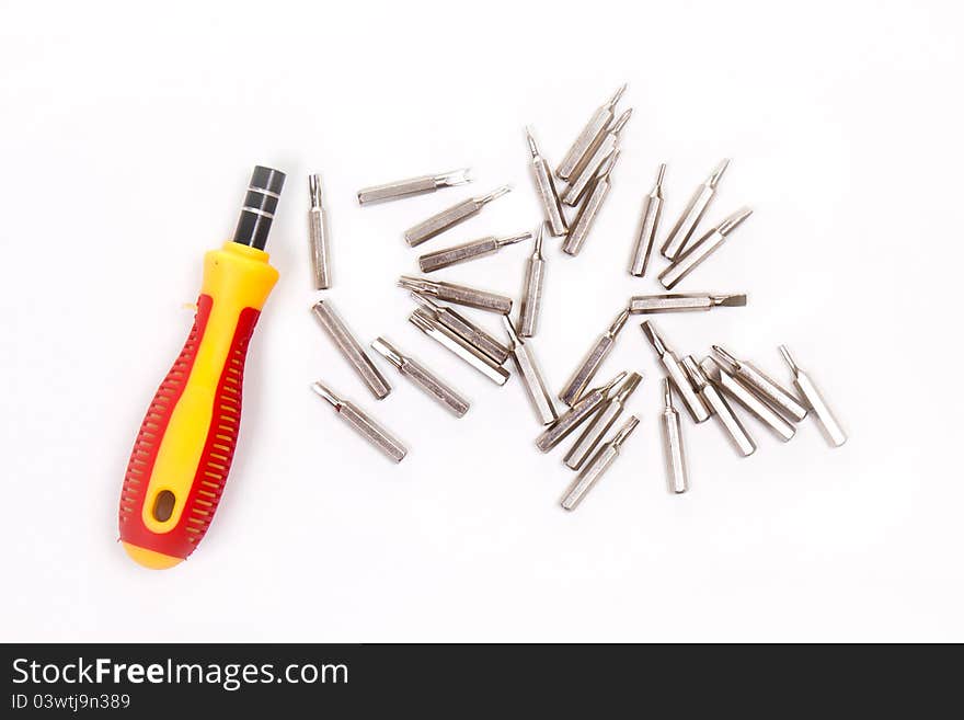 Yellow screwdriver heads toolkit isolated on white