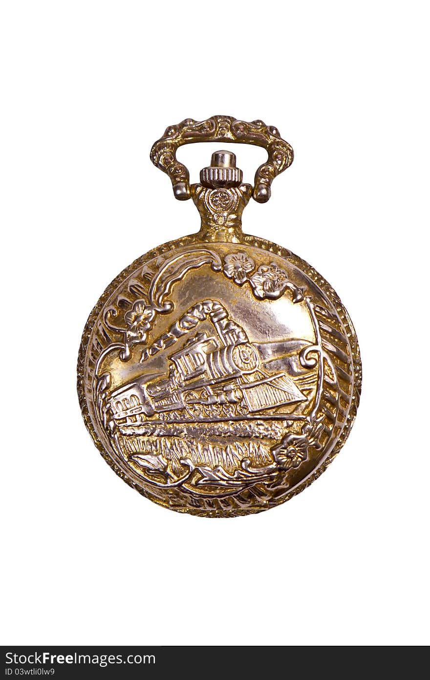 Vintage pocket watch with a train relief design